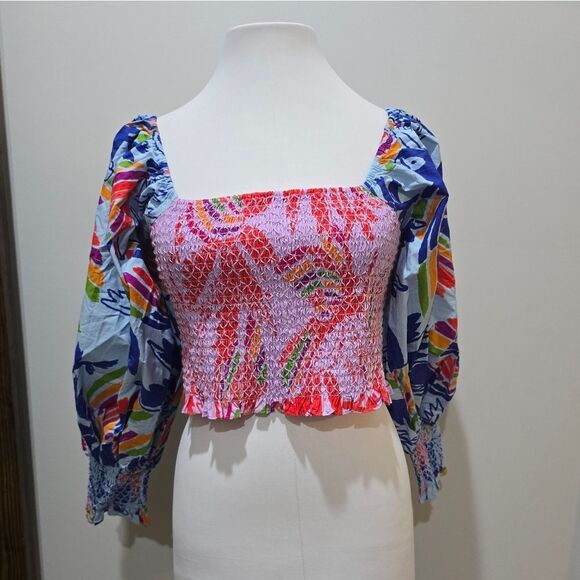 Farm Rio Mixed Birds Puff-Sleeve Smocked Crop Top NWT Size Medium - Picture 4 of 6